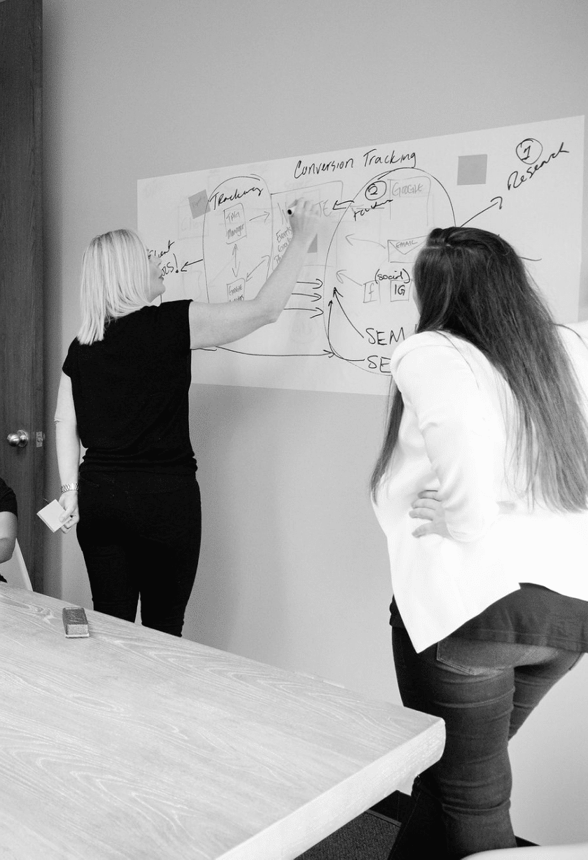 Two marketing consultants brainstorming a conversion tracking strategy on a whiteboard during a collaborative planning session.